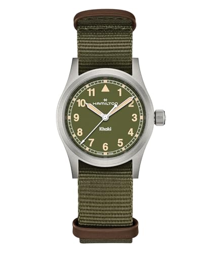 Hamilton Khaki Field Khaki Quartz Men's Watch, 33mm Stainless Steel Case, Swiss Made, Green Dial Analog Wrist Watch for Men, 50m Waterproof, Sapphire Crystal, Textile Strap