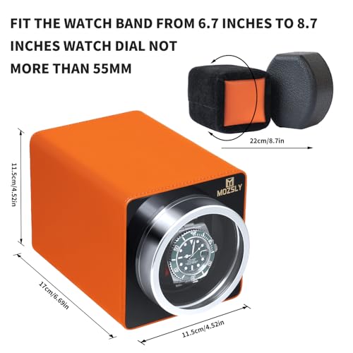 MOZSLY Single Watch Winder for Automatic Watches with Quiet Motor 12 Rotation Mode Setting Orange Leather