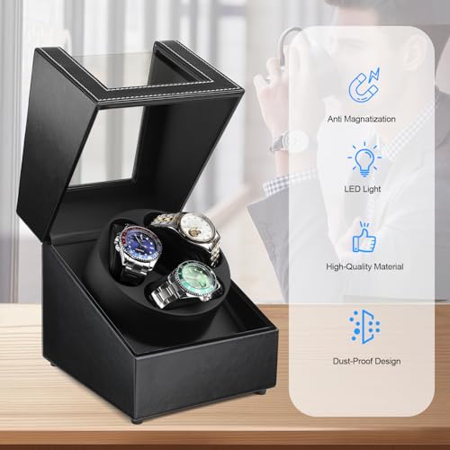J&T Technology Watch Winder for Automatic Watches,Automatic Watch Winder with LED Light,Rotating Watch Case with Japanese Quiet Motor,4 Rotation Modes,USB Type C