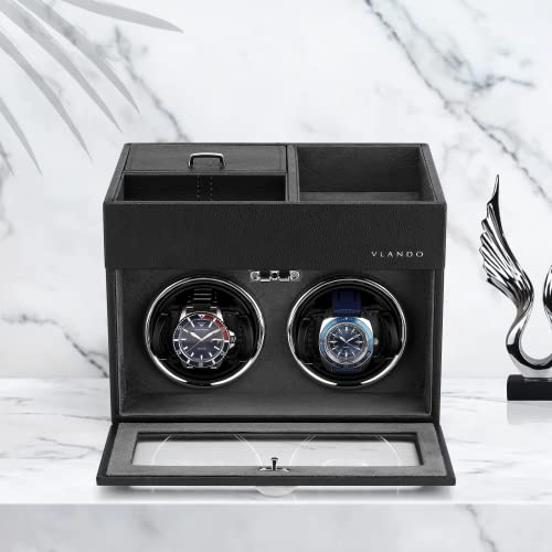 VLANDO Automatic Double Watch Winder for Men - Watch Winder Box with Jewelry Organizer Tray for Father Husband Dad, Japanese Quiet Motor, LED Light, Adjustable Watch Pillows - Black