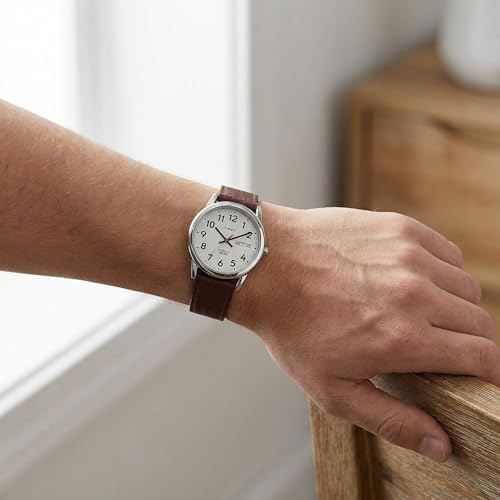Timex Men's Easy Reader 35mm Day-Date Watch – Silver-Tone Case White Dial with Dark Brown Leather Strap