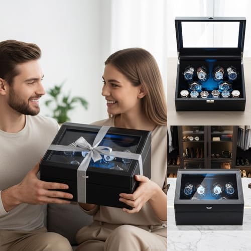 Mcbazel Watch Winder for Automatic Watches, 6 Watch Winder + 6 Storage Case, Watches Winder Box with Super Quiet Motor, Blue LED Light, Memory Foam Pillows, Gift for Men & Women - Black