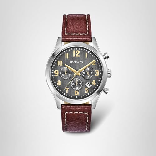 Bulova Men's Classic Stainless Steel Chronograph Quartz Watch, Brown Leather Strap with Gold Tone Arabic Markers, 41mm Style: 96B301