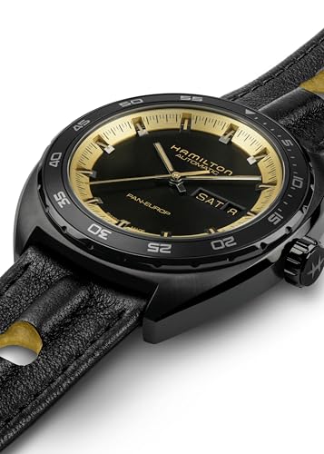 Hamilton American Classic Pan Europ Day Date Automatic Watch, 42mm Stainless Steel Case, Swiss Made, Black Dial Analog Wrist Watch, 50m Waterproof, Sapphire Crystal, Cow Leather Strap