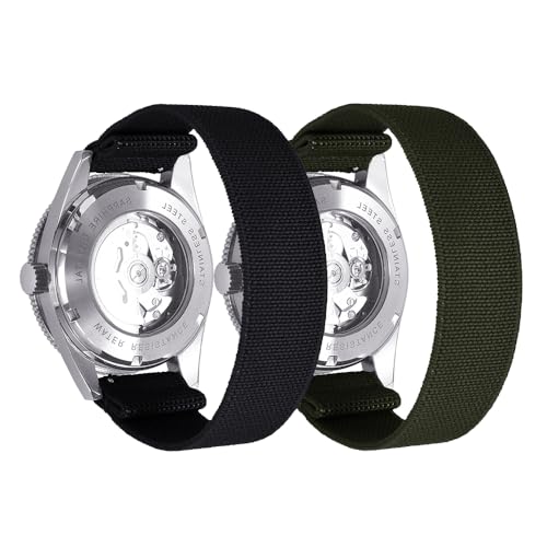 PTFULUOS 2 Pack Fabric Braided Stretchy Solo Loop Watch Band - Compatible with 18mm 20mm 22mm - Quick Release Sport Elastic Replacement Straps for Men Women (S/22MM, Black + Green)