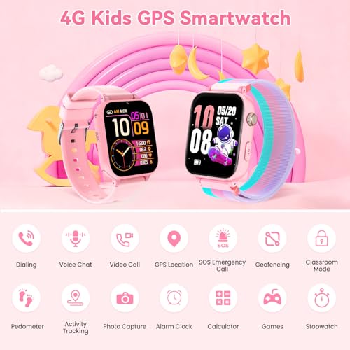 4G Kids Smart Watch Phone GPS, Smartwatch for Boys Girls Ages 4-12 Years with Video Call Chat Class Mode SOS Camera Alarm Games Parental App Touch Watch Gifts for Children (Includes SIM Card) Pink
