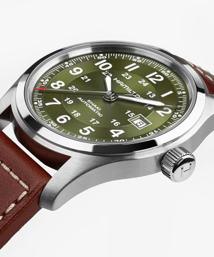 Hamilton Khaki Field Automatic Mens Watch, 42mm Stainless Steel Case, Swiss Made, Green Dial Analog Wrist Watch for Mens 100 Meters Water resitance, Sapphire Crystal, 3-Hand Movement, Leather Strap