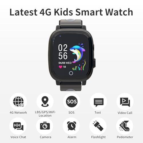 AIWIEP 4G Kids Smart Watch Boys with GPS Tracker Phone/Video Call Alarm SOS Camera Pedometer Stopwatch Caculator Flashlight GPS Watch for Kids Age 5-12