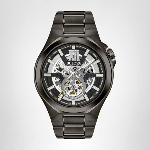 Bulova Men's Classic Maquina Black Ion-Plated Stainless Steel 3-Hand Automatic Watch, Skeleton Dial Style: 98A179