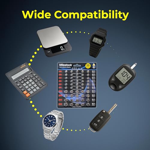 Milestock 50-pcs 1.5V Super Alkaline Button Cell Battery Assortment AG3 LR41, AG4 LR626, AG5 LR754, AG10 LR1130, AG13 LR44 High Power Coin Batteries for Watches, Calculators, Toys, and Electronics