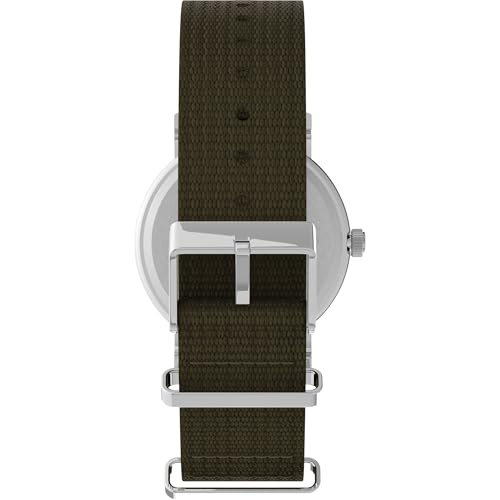 Timex Unisex Weekender 38mm Watch – Silver-Tone Case Cream Dial with Olive Fabric Slip-Thru Strap