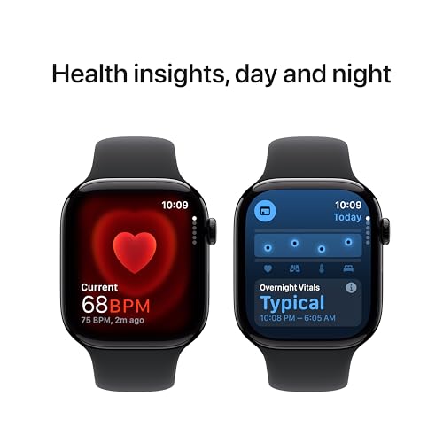 Apple Watch Series 10 [GPS 46mm case] Smartwatch with Jet Black Aluminum Case with Black Sport Band - M/L. Fitness Tracker, ECG App, Always-On Retina Display, Water Resistant