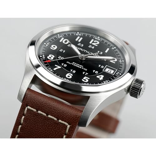 Hamilton Khaki Field Automatic Men's Watch, 38mm Stainless Steel Case, Swiss Made, Black Dial Analog Wrist Watch for Men, 100m Waterproof, Sapphire Crystal, 3-Hand Movement, Cow Leather Strap