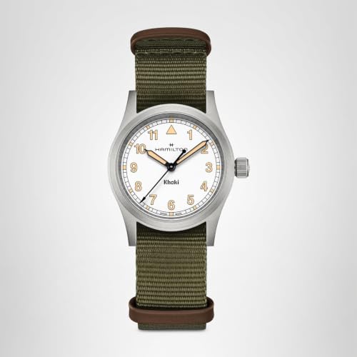 Hamilton Khaki Field Khaki Quartz Women's Watch, 33mm Stainless Steel Case, Swiss Made, White Dial Analog Wrist Watch for Women, 50m Waterproof, Sapphire Crystal, Textile Strap