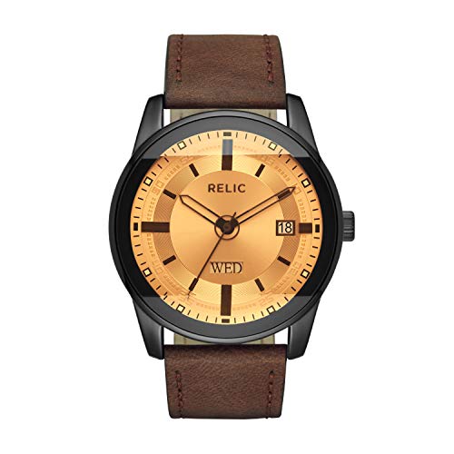 Relic by Fossil Men's Everet Three-Hand Day Date Black Alloy Metal and Brown Leather Band Watch, Watch for Men