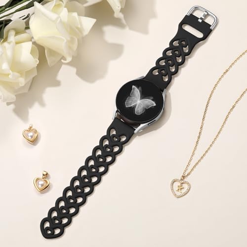 DaQin Double Hearts Bands for Samsung Galaxy Watch 7 6 5 4 Active 2 40mm 44mm/Watch 6/4 Classic 43mm 47mm 42mm 46mm/5 Pro, 20mm Breathable Silicone Cut-out Strap for Samsung Watch Bands Women, Black