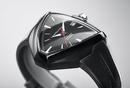 Hamilton Ventura Automatic Men's Watch, 42mm x 45mm Stainless Steel Case, Swiss Made, Black Dial Analog Wrist Watch for Men, 50m Waterproof, Sapphire Crystal, 3-Hand Movement, Rubber Strap