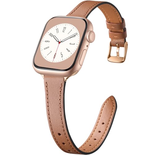 Charlam Slim Leather Band Compatible with Apple Watch Bands for Women 40mm 38mm 41mm 42mm 44mm 45mm 46mm, Top Grain Genuine Leather Strap Thin Wristband for iWatch Series 11 10 SE 9 8 7 6 5 4 3 2 1