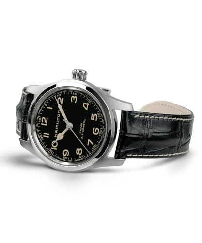 Hamilton Khaki Field Murph Automatic Men's Watch, 42mm Stainless Steel Case, Swiss Made, Black Dial Analog Wrist Watch for Men, 100m Waterproof, Sapphire Crystal, Cow Leather Strap