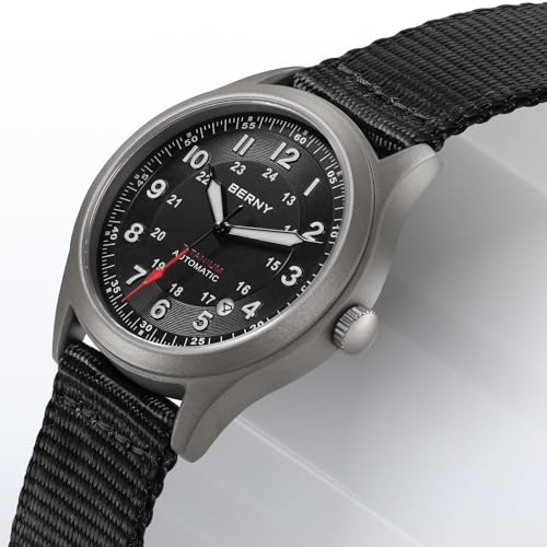 BERNY Automatic Titanium Watch for Men 10ATM Waterproof Men's Field Watch Super Luminous Male Analog Mechanical Military Wrist Watch AR Sapphire Crystal Date Calendar Birthday Present