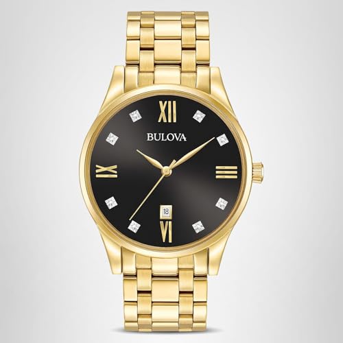 Bulova Men's Classic Gold Tone Stainless Steel 3-Hand Date Quartz Watch with Black Diamond Dial Style: 97D108