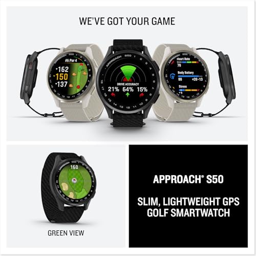 Garmin Approach® S50, Advanced Golf GPS Smartwatch, AMOLED Display, On-Course Features, Wrist-Based Heart Rate, Slate Aluminum Bezel with Black ComfortFit Nylon Band