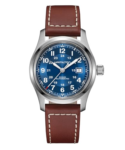 Hamilton Khaki Field Automatic Mens Watch, 42mm Stainless Steel Case, Swiss Made, Blue Dial Analog Wrist Watch for Mens 100 Meters Water resitance, Sapphire Crystal, 3-Hand Movement, Leather Strap