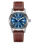 Hamilton Khaki Field Automatic Mens Watch, 42mm Stainless Steel Case, Swiss Made, Blue Dial Analog Wrist Watch for Mens 100 Meters Water resitance, Sapphire Crystal, 3-Hand Movement, Leather Strap