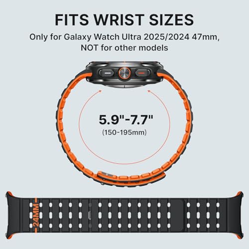 Bandletic Magnetic Sport Band Compatible with Samsung Galaxy Watch Ultra Bands (2025/2024) 47mm, Rugged Thin Soft Silicone Waterproof Strap Replacement Wristbands for Men Women, Black/Orange
