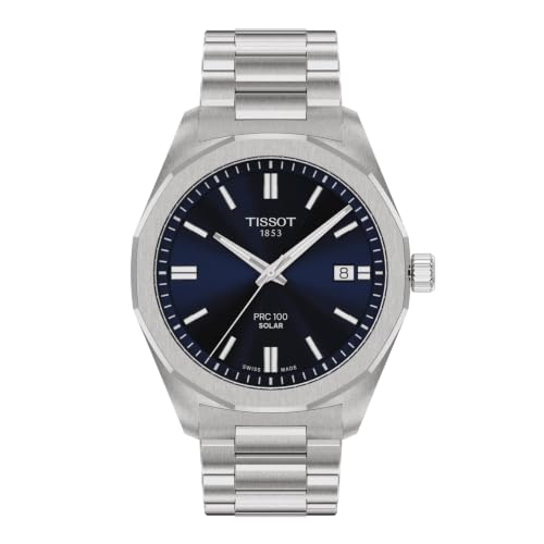 Tissot PRC 100 Solar, Blue Dial, 39mm Watch for Men, Silver Stainless Steel Bracelet, Solar Quartz Movement, T1514221104100