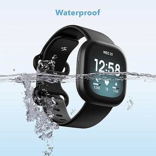 2 Pack Waterproof Bands Compatible with Fitbit Versa 3 / Fitbit Versa 4 / Fitbit Sense/Sense 2 Bands, Classic Soft Sports Replacement Wristbands for Women Men (black/black, Large 7.1''-8.7'')