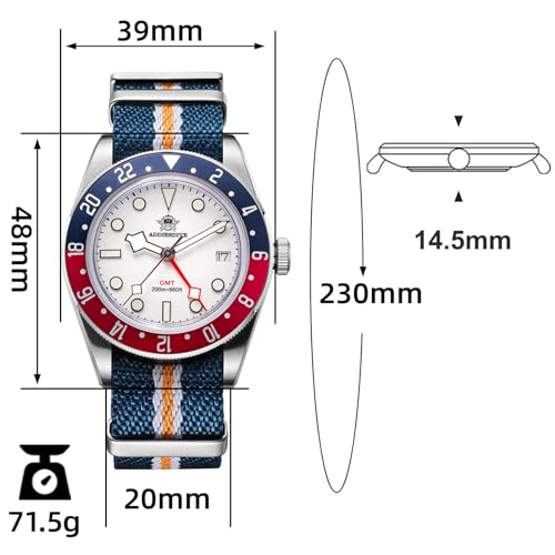 ADDIESDIVE GMT Quartz Watch for Men Nylon Band 200M Waterproof Dual Time Zone Calendar GMT Mens Wristwatch