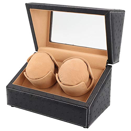 DRIKLUX Double Watch Winder for Rolex and Other Luxury Watches - Automatic Winder with Quiet Motor, Premium Black Ostrich Leather Exterior and Soft Flexible Watch Pillows of Camel Velvet