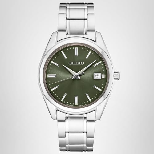 SEIKO SUR527 Quartz Watch for Men - Essentials Collection - Green Dial with Date Calendar, Stainless Steel - 100M Water Resistant