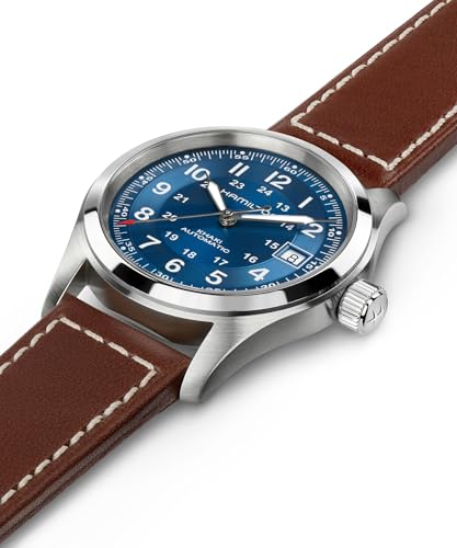 Hamilton Khaki Field Automatic Unisex Watch, 38mm Stainless Steel Case, Swiss Made, Blue Dial Analog Wrist Watch Unisex 100 Meters Water resitance, Sapphire Crystal, 3-Hand Movement, Leather Strap