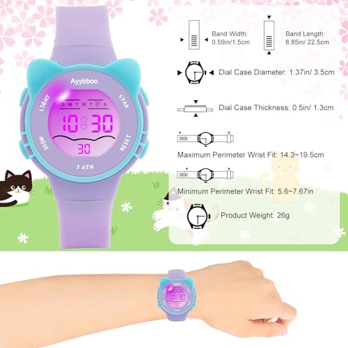 Ayybboo Kids Digital Watches for Girls Boys, 7 Color Lights Waterproof Cute Wristwatches for Kids with Alarm Stopwatch, Great Present for Girls Boys Ages 5-13