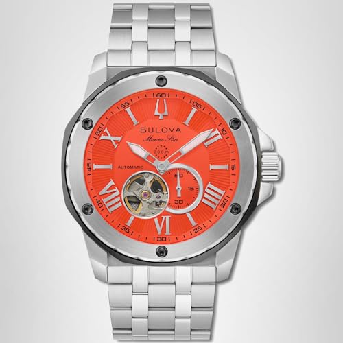 Bulova Men’s Automatic Marine Star Series A, Silver-Tone Stainless Steel Case with a 44mm Orange Heartbeat Dial (Style: 98A333)