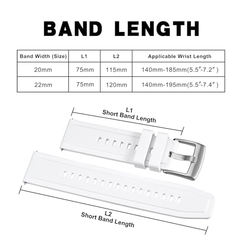 BISONSTRAP 20mm Silicone Watch Bands, Flexible Rubber Watch Straps for Men and Women, White with Silver Buckle