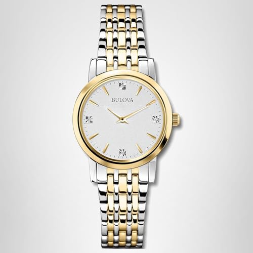 Bulova Ladies' Classic Diamond Dial Two-Tone Stainless Steel 3-Hand Quartz Watch, Silver-White Dial Style: 98P115