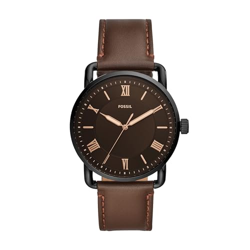 Fossil Men's Copeland Quartz Stainless Steel and Leather Three-Hand Watch for Men, 42MM, Color: Black, Dark Brown