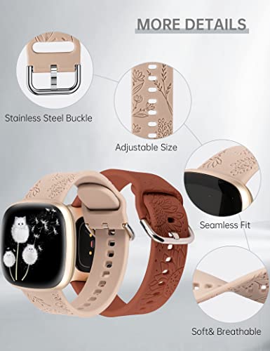 Minyee 2 Packs Floral Engraved Band Compatible with Fitbit Versa 4/Versa 3/Sense 2/Sense Band Women, Cute Silicone Dandelion Sunflower Design Soft Sport Fancy Summer Strap for Versa 4