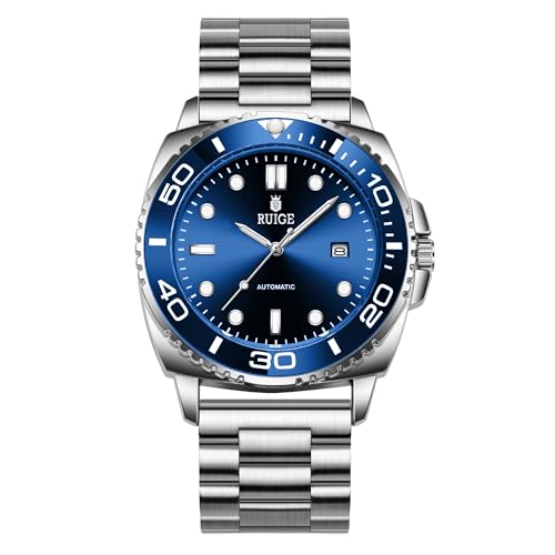 RUIGE new Men's Fully Automatic Mechanical Watch Stainless Steel Calendar Men's Rotating Bezel Fashion Trend Night Light Waterproof Watch A8-2 (Blue)
