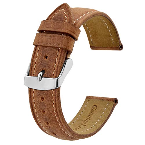 BISONSTRAP Watch Strap 20mm, Vintage Leather Replacement Watch Band, Light Brown with Thread
