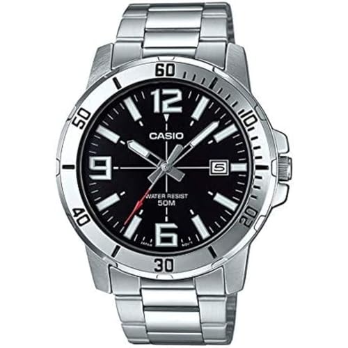 Casio MTP-VD01D-1BV Men's Enticer Stainless Steel Black Dial Casual Analog Sporty Watch, Silver, 48×42×10.7mm, Quartz Movement