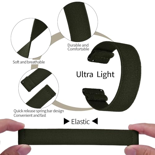 PTFULUOS 2 Pack Fabric Braided Stretchy Solo Loop Watch Band - Compatible with 18mm 20mm 22mm - Quick Release Sport Elastic Replacement Straps for Men Women (S/22MM, Black + Green)