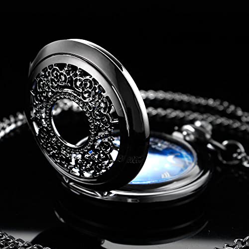 Tiong Exquise Starry Blue Hollow Case Quartz Pocket Watch Roman Numerals Retro Watches Souvenir Men Women Gift