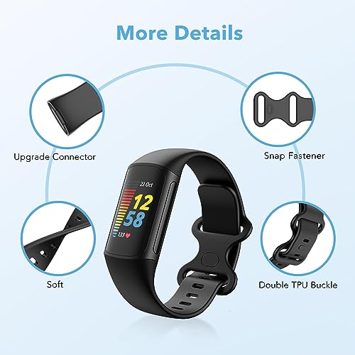 2 Pack Waterproof Bands Compatible with Fitbit Charge 5 / Fitbit Charge 6 for Women Men, Classic Soft Sports Replacement Wristbands for Women Men (Large 7.1''-9.1'', black/black)