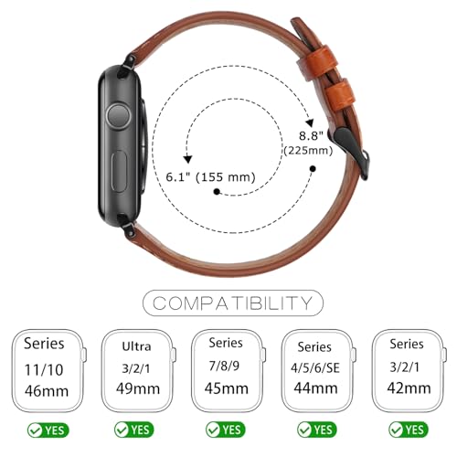 Tasikar Bands Compatible with Apple Watch Band 49mm 46mm 45mm 44mm 42mm Genuine Leather Replacement Straps Compatible with Apple Watch Ultra 3 2 1 SE Series 11 10 9 8 7 6 5 4 3, Classic Brown