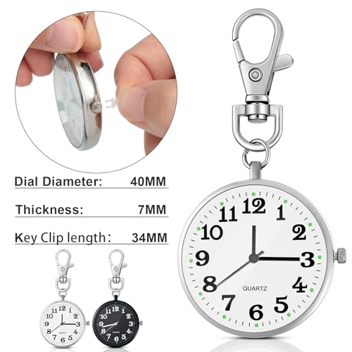 Junkin 2 Pieces Clip on Pocket Watch with Keychain, Nurse Watch with Key Buckle Unisex, Portable Hanging Digital Clip Fob