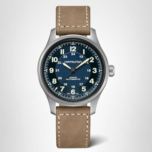 Hamilton Khaki Field Titanium Automatic Men's Watch, 42mm Titanium Case, Swiss Made, Blue Dial Analog Wrist Watch for Men, 100m Waterproof, Sapphire Crystal, 3-Hand Movement, Cow Leather Strap